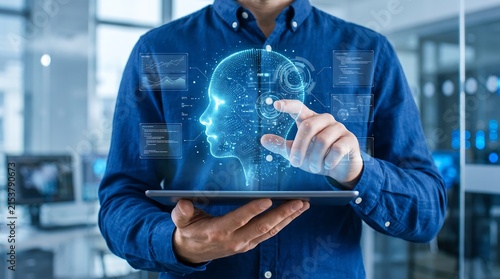 Digital transformation concept featuring AI hologram, smart tablet technology, and corporate innovation workspace