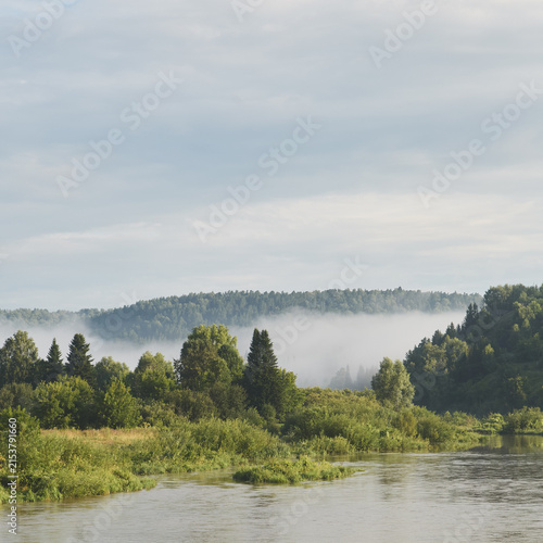 River shrouded in fog with lush trees on both banks under overcast sky
