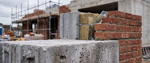 Panel kuchenny z motywem Construction site brick wall with insulation and concrete blocks at residential building project