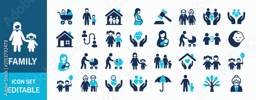 Family Icon Set Featuring Parenting Childcare Elderly Support Home Life And Family Relationships Concepts