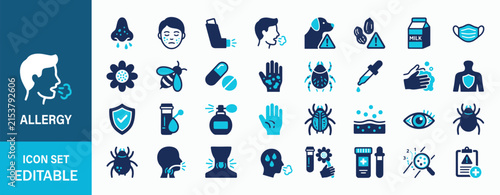 Allergy Icon Set Featuring Symptoms Allergens Medication Skin Reactions And Allergic Health Condition Concepts