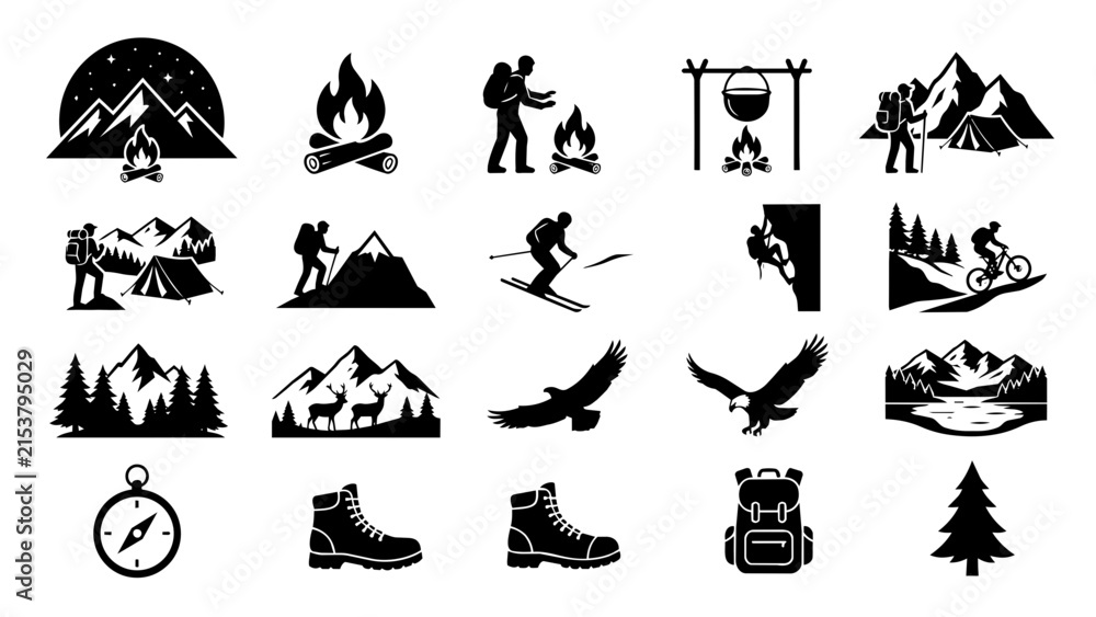 Fototapeta premium Camping and Hiking Outdoor Adventure Icons Set