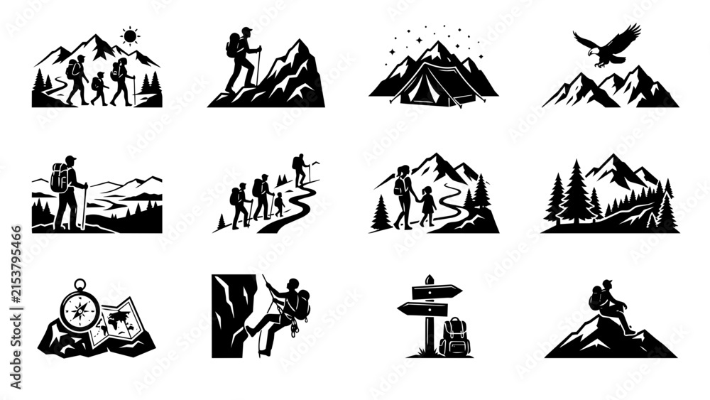 Fototapeta premium Set of black and white hiking and mountain trekking icons