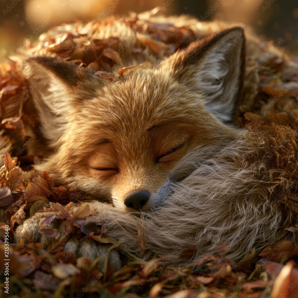 Naklejka premium A fox character is curled up in a bed of leaves, napping quietly during the day. Its fur blends with the surrounding reddish leaves.