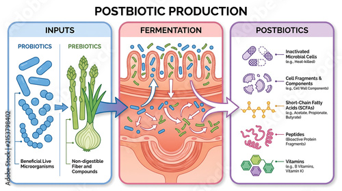 Postbiotic production explained: how probiotics and prebiotics undergo fermentation to create beneficial compounds including SCFAs, peptides, vitamins, and microbial cell fragments