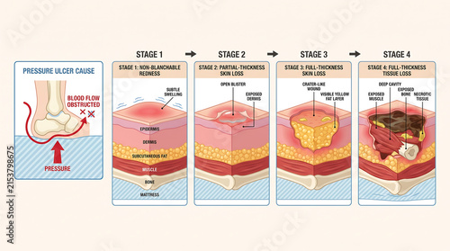 Detailed medical infographic illustrating cause of pressure ulcers with blood flow obstruction and four distinct stages of skin tissue loss and deep cavity formation.