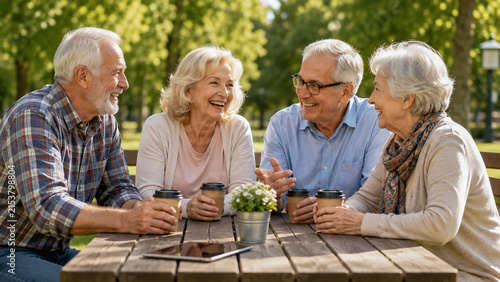 Happy senior friends drinking coffee and talking together at wooden table in sunny park