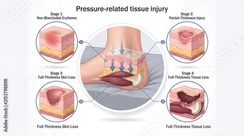 Pressure related tissue injury explained in science with stages of bedsores from non blanchable erythema to full thickness tissue loss showing medical progression and biological impact
