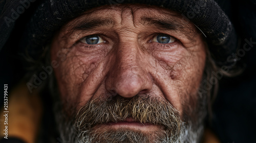 A close-up portrait of a homeless person with weathered features and a hopeful expression