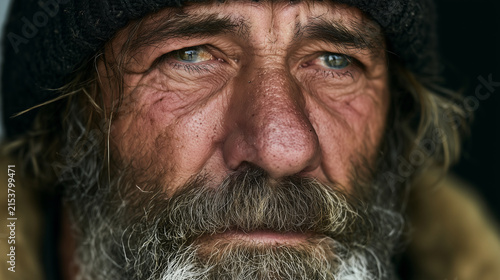 A close-up portrait of a homeless person with weathered features and a hopeful expression
