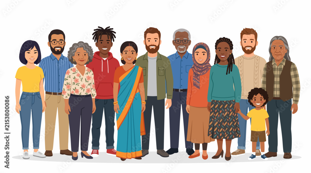 Fototapeta premium Diverse Group of People Standing Together: A collection of diverse individuals representing different ages, ethnicities, and cultures stand united, showcasing a mosaic of humanity and community.