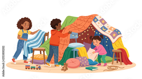 Children Building a Cozy Fort: Three happy children are busy creating a vibrant fort indoors using blankets, pillows, and chairs, sparking imagination and creative play.