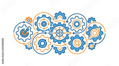 Integrated mechanical gears with central AI brain icon.