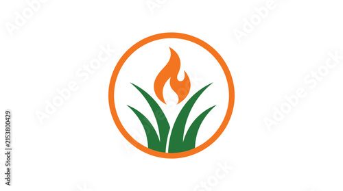 Fire flame and green grass in orange circular frame.