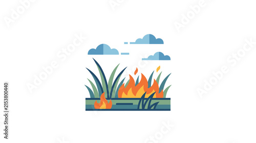 Flat landscape icon with grass fire and clouds.