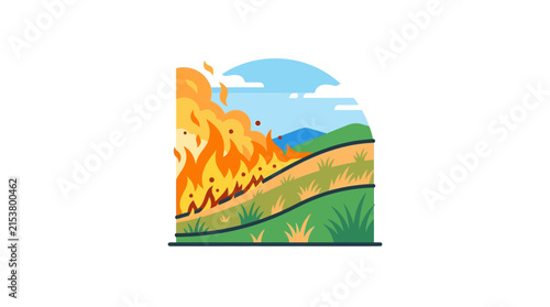 Forest wildfire burning across dry hills and landscape.