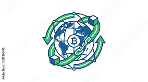 Global blockchain network with bitcoin and arrow circle.