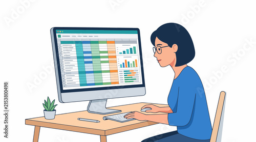 Data Analysis Excellence: A focused businesswoman analyzes complex financial data on her computer, with charts and graphs displayed on the screen, highlighting productivity and insight.