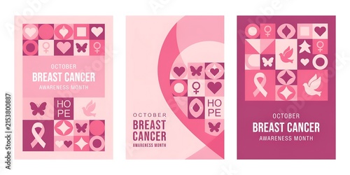 Set of Geometric Breast Cancer Awareness Month Poster Templates