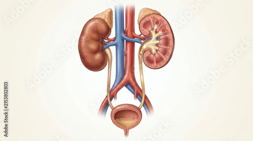 Anatomical illustration of the human urinary system, featuring kidneys, ureters, and bladder