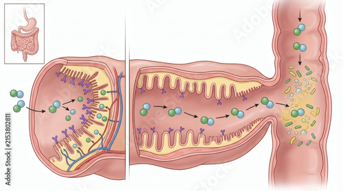 Diagram illustrating the process of absorption and the presence of bacteria within the digestive tract. Includes detailed views of the intestinal lining and the stomach