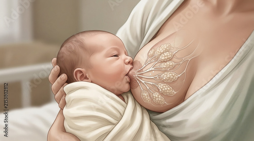 A tender illustration depicting a mother breastfeeding her newborn baby, symbolizing nurturing and early life sustenance