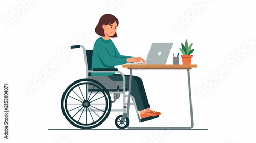Inclusive Workplace: A woman in a wheelchair works diligently at her desk on a laptop, symbolizing accessibility and inclusion in the modern workplace.