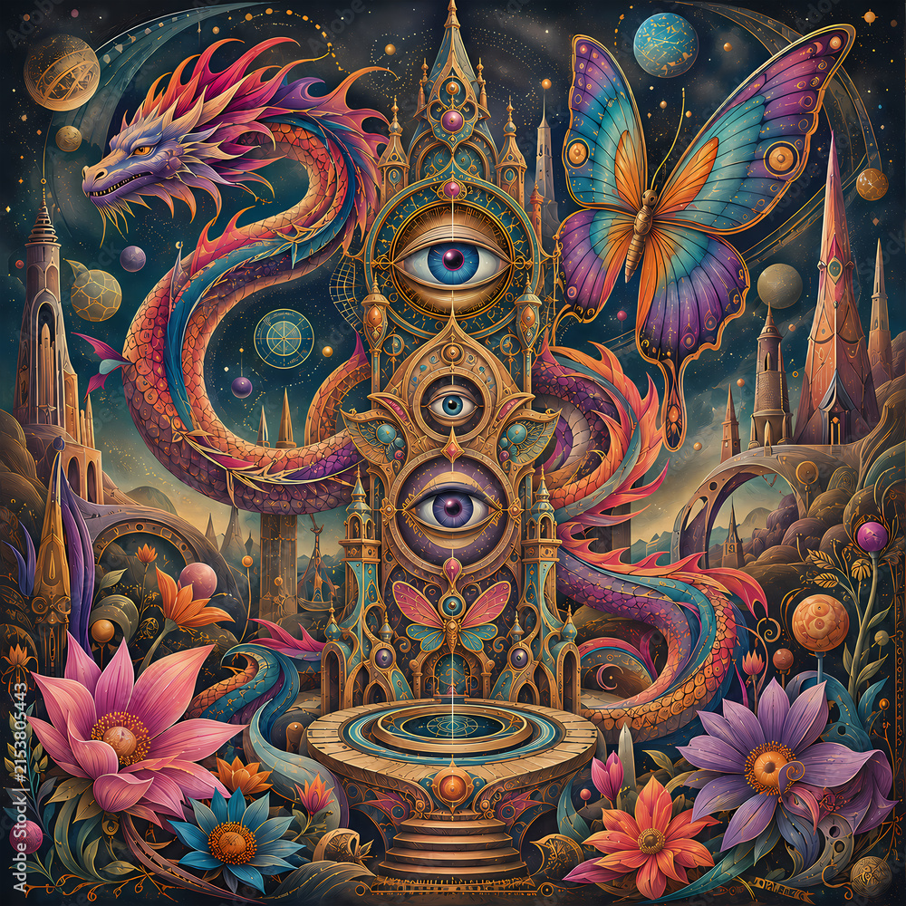 Fototapeta premium Celestial Dragon & Butterfly Sanctuary with Third Eye Sacred Geometry Temple