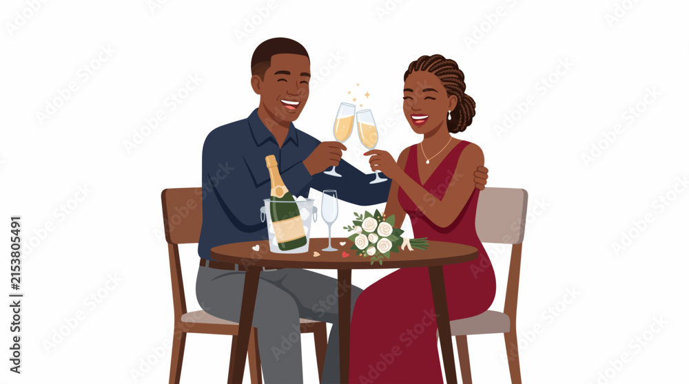 Obraz premium Romantic Toast: A couple shares a joyful moment, clinking champagne glasses filled with bubbly, celebrating their love and a special occasion with happiness and romance.