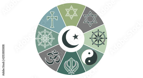 Photography A circular diagram showcasing various religious symbols arranged in segments, representing diversity of faiths