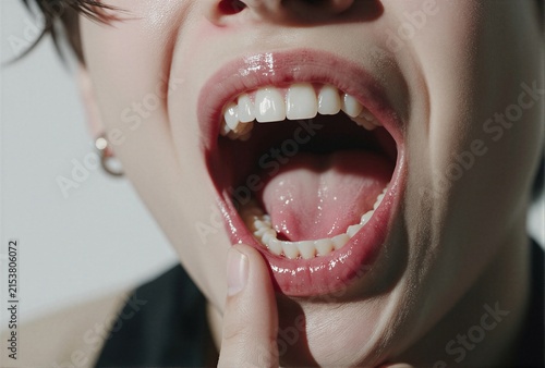 A close-up shot of a person's open mouth, revealing a vibrant display of teeth and tongue.