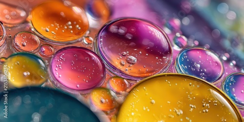 Colorful oil droplets and bubbles floating on a water surface in an abstract macro photo