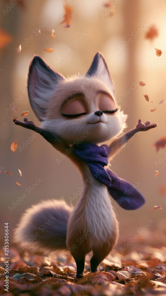 Naklejka premium A fox character with expressive eyes enjoys the colorful leaves falling around. The warm light adds charm to the scene.