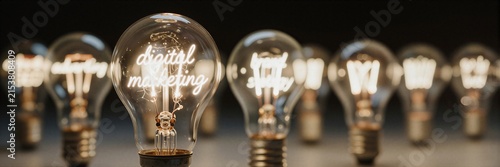 A row of vintage lightbulbs, one prominently displaying the words 'digital marketing' in glowing neon script.