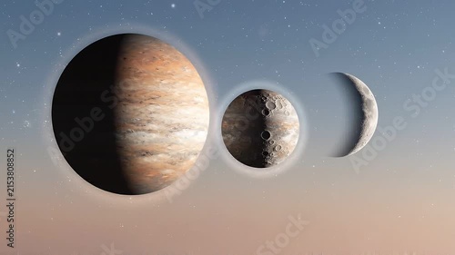 Celestial alignment of Jupiter and its moons against a starry night sky with a gradient horizon