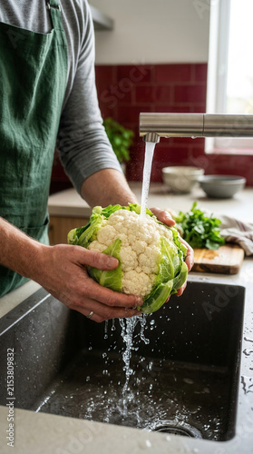 Fresh Cauliflower Being Washed In A Modern Kitchen Sink Preparation