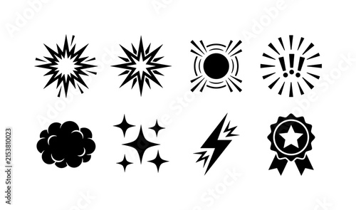 Golden Comic Bursts, solid glyph icon set featuring explosive burst, starburst, impact circle, surprise rays, action cloud, sparkle, power flash and luxury badge, covering comics, awards, promotions