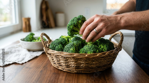 Fresh Broccoli Florets In Wicker Basket Kitchen Preparation