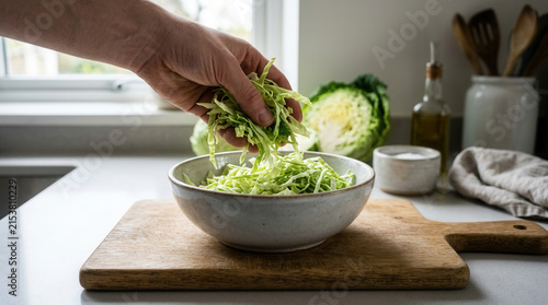 Fresh Cabbage Being Added To A Bowl For Healthy Salad Preparation