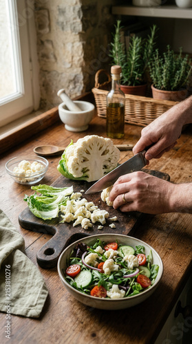 Fresh Cauliflower Chopped For Healthy Salad Preparation In Rustic Kitchen
