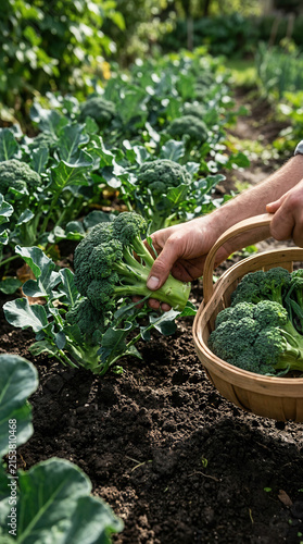 Fresh Broccoli Harvest From Organic Garden Soil Up Close