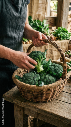 Fresh Broccoli Harvested And Showcased In A Rustic Market Basket