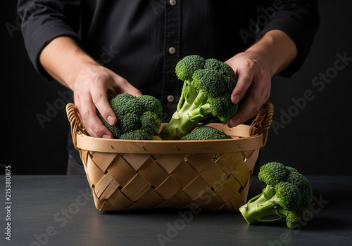Fresh Broccoli Harvested And Placed Into A Rustic Wooden Basket