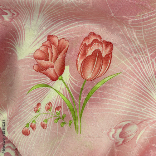 pink silk canvas with two large tulips and a small twig