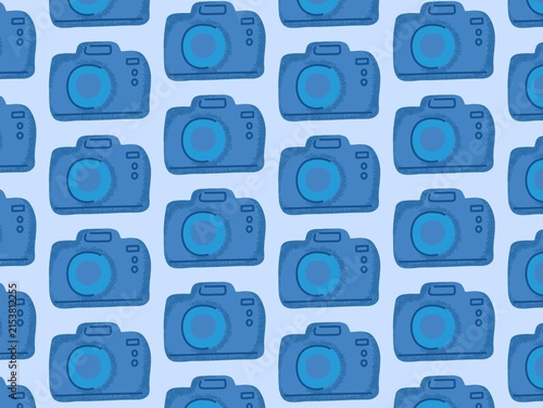 Bild auf Leinwand Blue cameras create a seamless pattern, arranged in rows on a light blue background