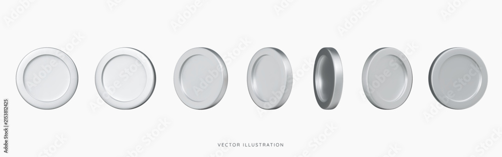 Obraz premium 3D Silver coin icon set in different rotations. Metallic or chrome effect. Spinning platinum coins. Aluminium medals for games, casino and animations. 3D Cartoon design vector illustration