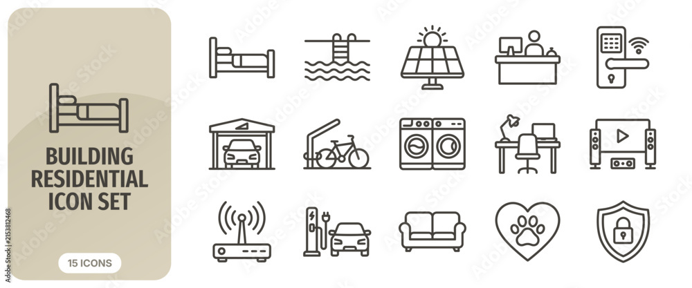 Fototapeta premium Building residential icon set, thin line style, vector illustration