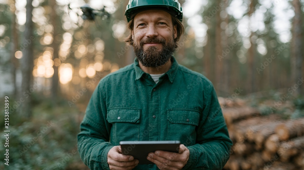 Fototapeta premium Cheerful logger stands among trees, using a tablet outdoors