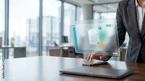 Businessperson interacting with a floating digital document HUD interface on a desk in a city office.