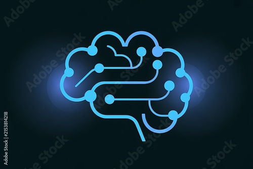 Glowing blue human brain with neural network and digital circuit lines for AI and technology concepts